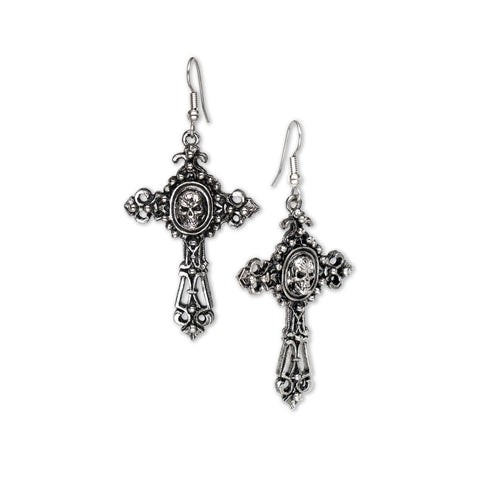 Gothic Skull on Filigree Cross Silver Pewter Earrings #1005