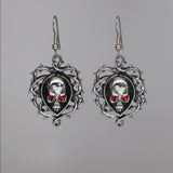 Gothic Skull In Vines with Red Austrian Crystals Dangle Earrings #1007