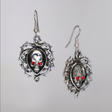 Gothic Skull In Vines with Red Austrian Crystals Dangle Earrings #1007