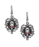 Gothic Skull In Vines with Red Austrian Crystals Dangle Earrings #1007