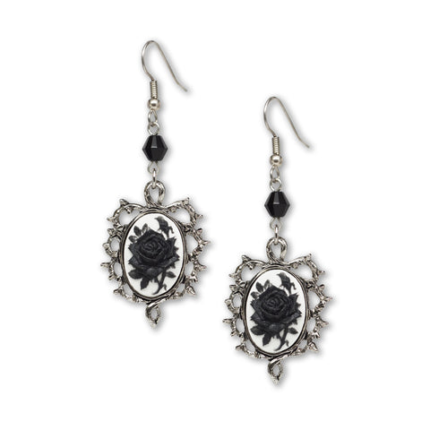 Gothic Black Rose Cameo Dangle Earrings In Thorns with Black Bead #1011BW