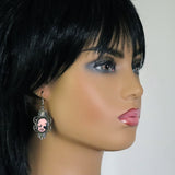 Gothic Lolita Skull Cameo Dangle Earrings Pink on Black #1014P