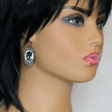 Gothic Lolita Skull Cameo Black on White Small Pewter Earrings #1024BW
