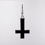 Inverted Black Cross Hand Painted Enamel on Silver Pewter Earrings #1030