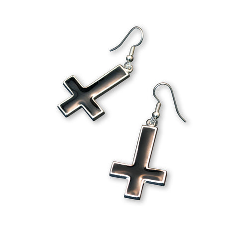 Inverted Black Cross Hand Painted Enamel on Silver Pewter Earrings #1030