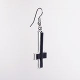 Inverted Black Cross Hand Painted Enamel on Silver Pewter Earrings #1030