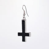 Inverted Black Cross Hand Painted Enamel on Silver Pewter Earrings #1030