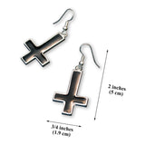 Inverted Black Cross Hand Painted Enamel on Silver Pewter Earrings #1030