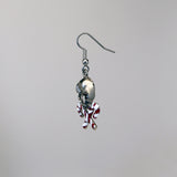 Holiday Candy Cane Skull Dangle Earrings Red and White Enamel On Silver Finish Pewter #1058