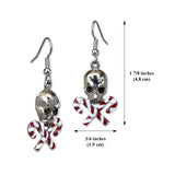Holiday Candy Cane Skull Dangle Earrings Red and White Enamel On Silver Finish Pewter #1058