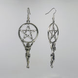 Mystical Maiden Holding Wiccan Pentacle Silver Finish Dangle Earrings #399