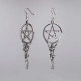 Mystical Maiden Holding Wiccan Pentacle Silver Finish Dangle Earrings #399