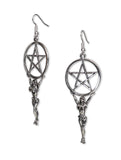 Mystical Maiden Holding Wiccan Pentacle Silver Finish Dangle Earrings #399