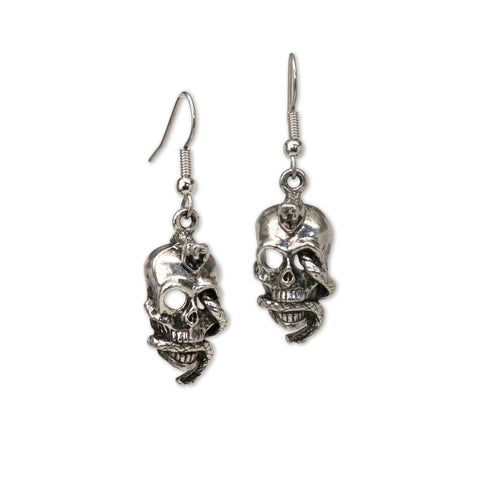 Gothic Skull with Snake Antiqued Silver Finish Dangle Earrings #506