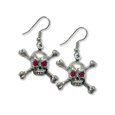 Gothic Skull and Crossbone Earrings with Red Austrian Crystal Eyes #960