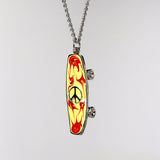 Skateboard with Peace Sign Red and Yellow Swirls Hand Painted Enamel On Pewter Pendant Necklace NK-157-5