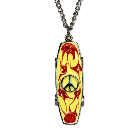 Skateboard with Peace Sign Red and Yellow Swirls Hand Painted Enamel On Pewter Pendant Necklace NK-157-5