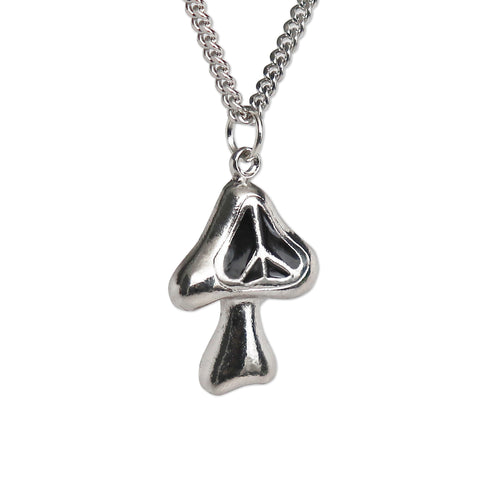 Mushroom with Peace Sign and Black Enamel Accent Silver Pewter Pendant Necklace NK-172