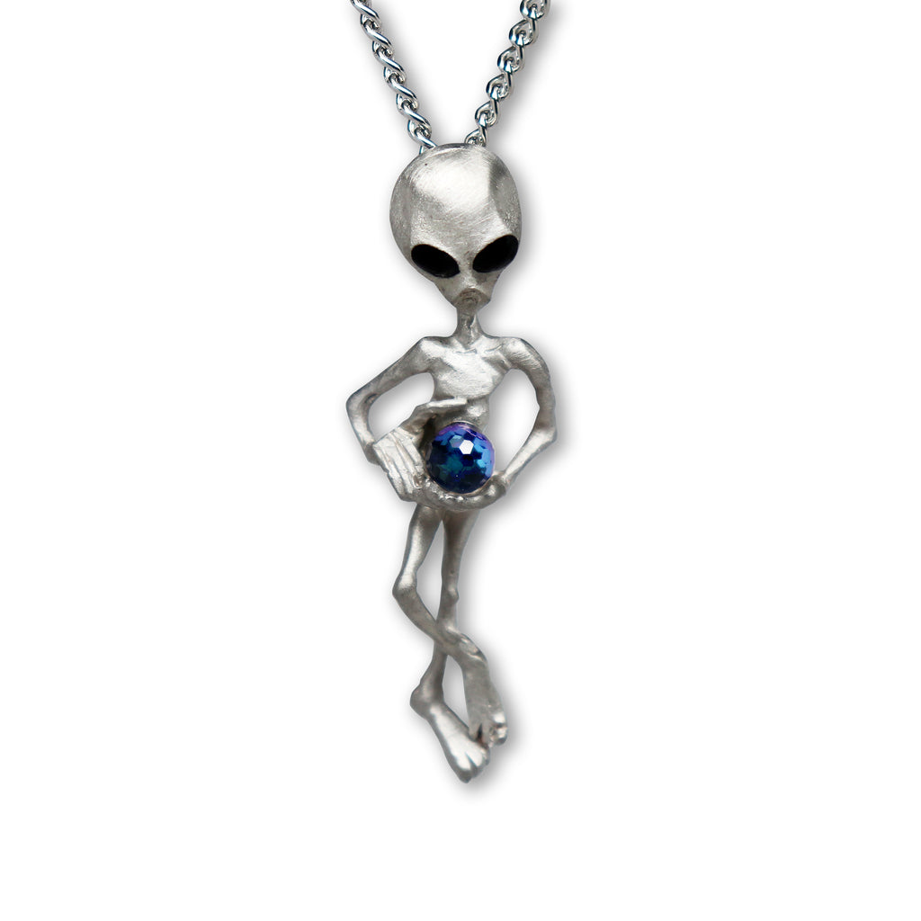 Alien Holding Faceted Crystal Ball Silver Pewter Pendant Necklace