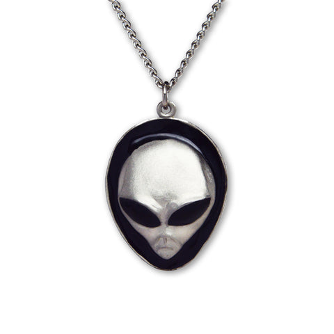 Alien Head with Black Enamel Accents Pewter Pendant Necklace NK-249B