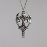 Gothic Dragon Head on Cross with Pentacle Pewter Pendant Necklace NK-273