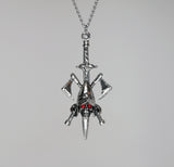 Skull With Crossed Warrior Axes On Sword Medieval Renaissance Silver Finish Pendant Necklace NK-319