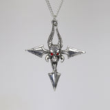 Gothic Demon Head Tri Axe with Red Crystals Medieval Renaissance Pendant Necklace NK-339