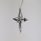 Gothic Demon Head Tri Axe with Red Crystals Medieval Renaissance Pendant Necklace NK-339