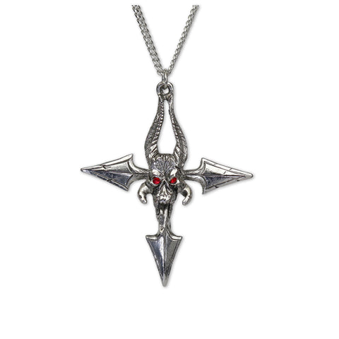 Gothic Demon Head Tri Axe with Red Crystals Medieval Renaissance Pendant Necklace NK-339
