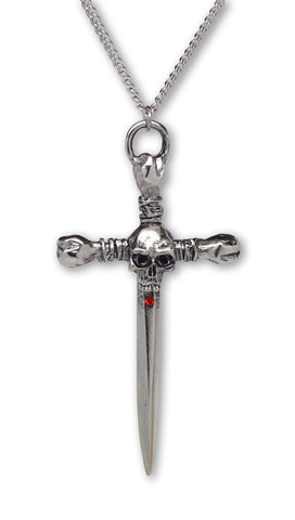 Gothic Skull on Sword Crossbones with Red Crystal Medieval Renaissance Pendant Necklace  NK-341