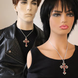 Gothic Filigree Cross with Red Stones Medieval Renaissance Pewter Pendant Necklace NK-379R