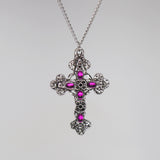 Gothic Filigree Cross with Purple Stones Medieval Renaissance Pewter Pendant Necklace NK-379P