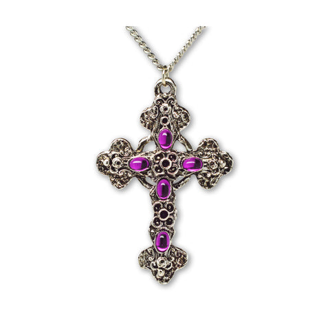 Gothic Filigree Cross with Purple Stones Medieval Renaissance Pewter Pendant Necklace NK-379P