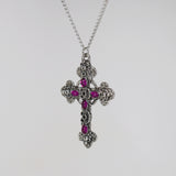 Gothic Filigree Cross with Purple Stones Medieval Renaissance Pewter Pendant Necklace NK-379P