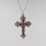 Gothic Filigree Cross with Red Stones Medieval Renaissance Pewter Pendant Necklace NK-379R