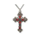 Gothic Filigree Cross with Red Stones Medieval Renaissance Pewter Pendant Necklace NK-379R