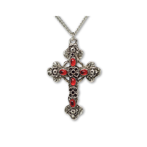 Gothic Filigree Cross with Red Stones Medieval Renaissance Pewter Pendant Necklace NK-379R