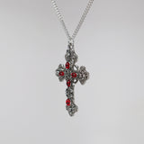 Gothic Filigree Cross with Red Stones Medieval Renaissance Pewter Pendant Necklace NK-379R