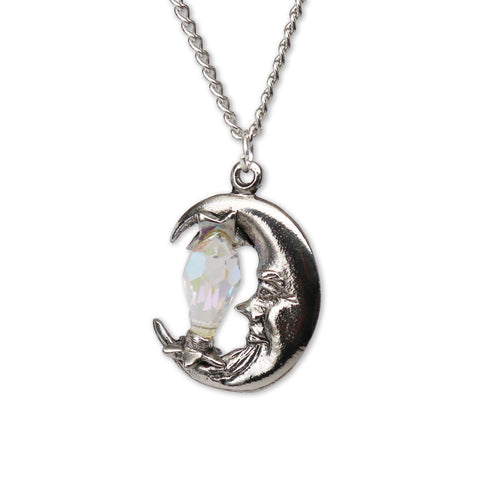 Mystical Moon with Clear Faceted Crystal Pewter Pendant Necklace NK-416