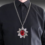 Medieval Renaissance Medallion Silver with Red Cabochon Extra Large Costume Pendant Necklace NK-440SLC