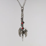 Double Axe in Vines with Skull and Red Crystals Pendant Necklace NK-443
