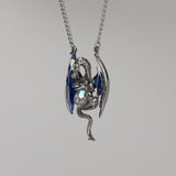 Blue Dragon Holding Faceted Crystal Medieval Renaissance Pendant Necklace NK-491B