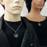 Marijuana Pot Leaf Green Enamel on Pewter Pendant Necklace NK-49