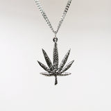 Marijuana Pot Leaf Green Enamel on Pewter Pendant Necklace NK-49