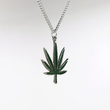 Marijuana Pot Leaf Green Enamel on Pewter Pendant Necklace NK-49