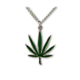 Marijuana Pot Leaf Green Enamel on Pewter Pendant Necklace NK-49