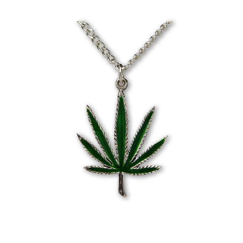 Marijuana Pot Leaf Green Enamel on Pewter Pendant Necklace NK-49