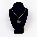 Marijuana Pot Leaf Green Enamel on Pewter Pendant Necklace NK-49