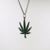 Marijuana Pot Leaf Green Enamel on Pewter Pendant Necklace NK-49