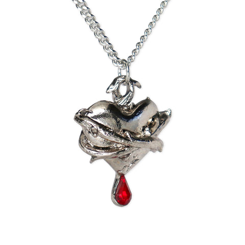 Bleeding Heart Silver Finish Wrapped in Thorns with Red Crystal Pendant Necklace  NK-556S